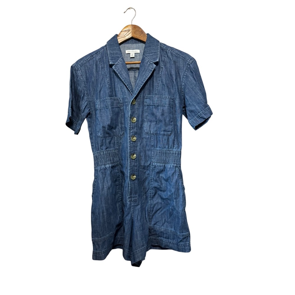 Free Assembly Denim Romper Womens XS Blue Excellent Utility Short Sleeve Pocket